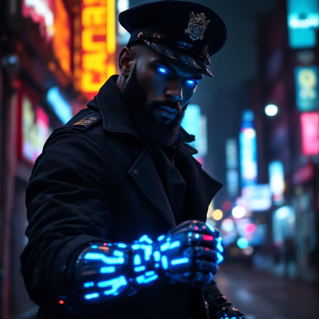 AI generated: photo of a african muscular strong policeman, beard, hat, cyberlimbs, blue cyberarms, blue cybereyes...