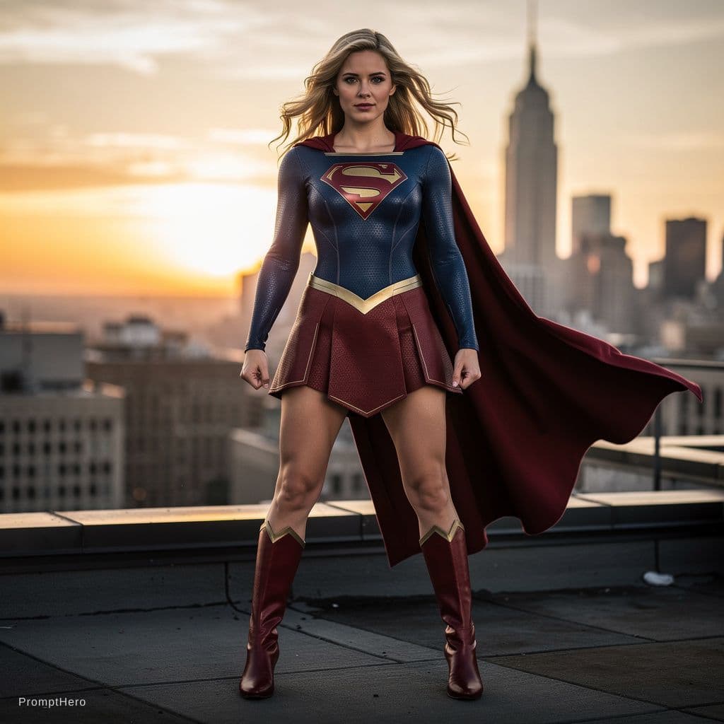 AI generated: Melissa Benoit as super girl with boobs showing
