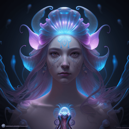 AI generated: Goddess close-up portrait ribcagel. jellyfish phoenix head, nautilus, orchid, skull, betta fish, bio...