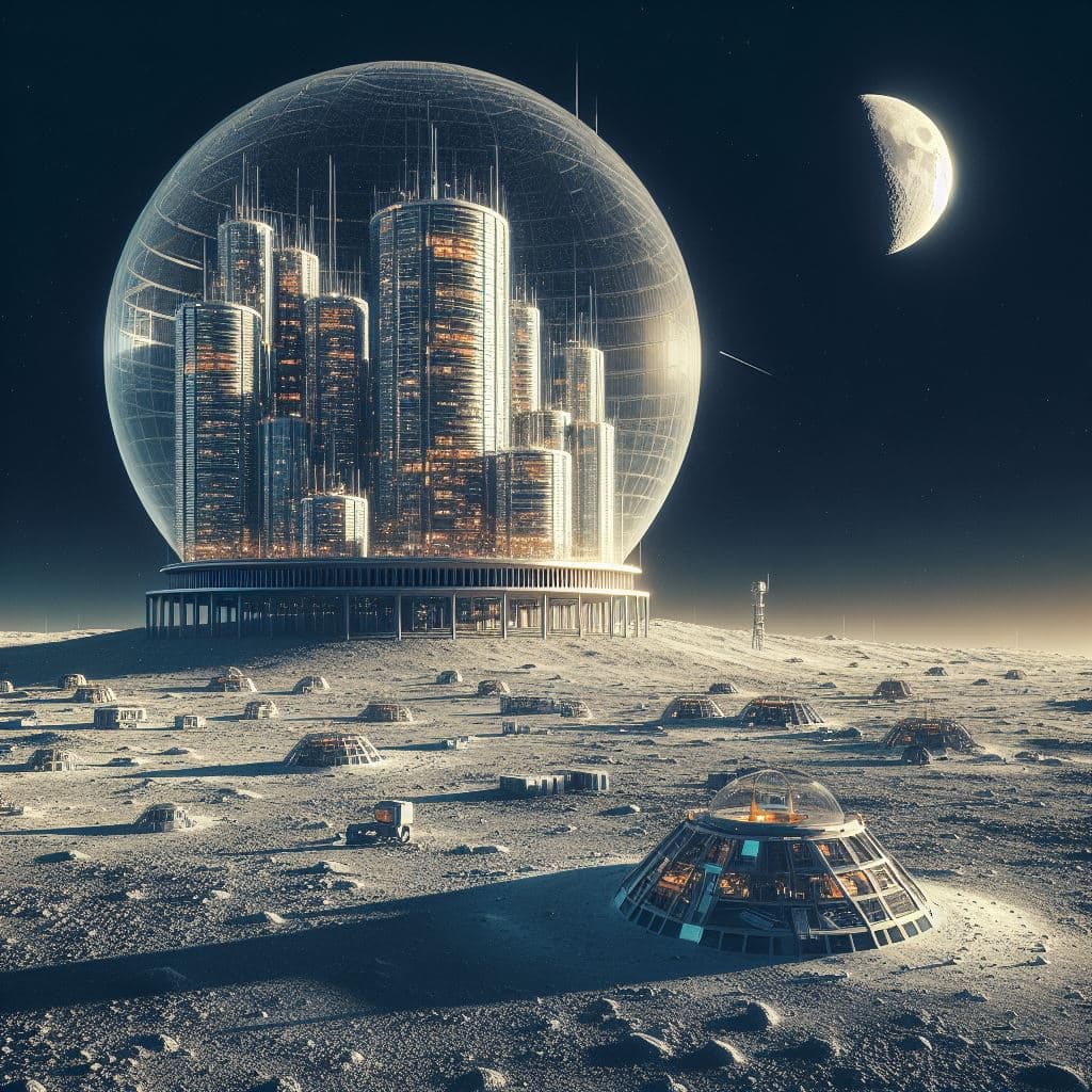 AI generated: A wide-angle view of a settlement on the Moon with buildings under a transparent cupola, retro Sci-f...