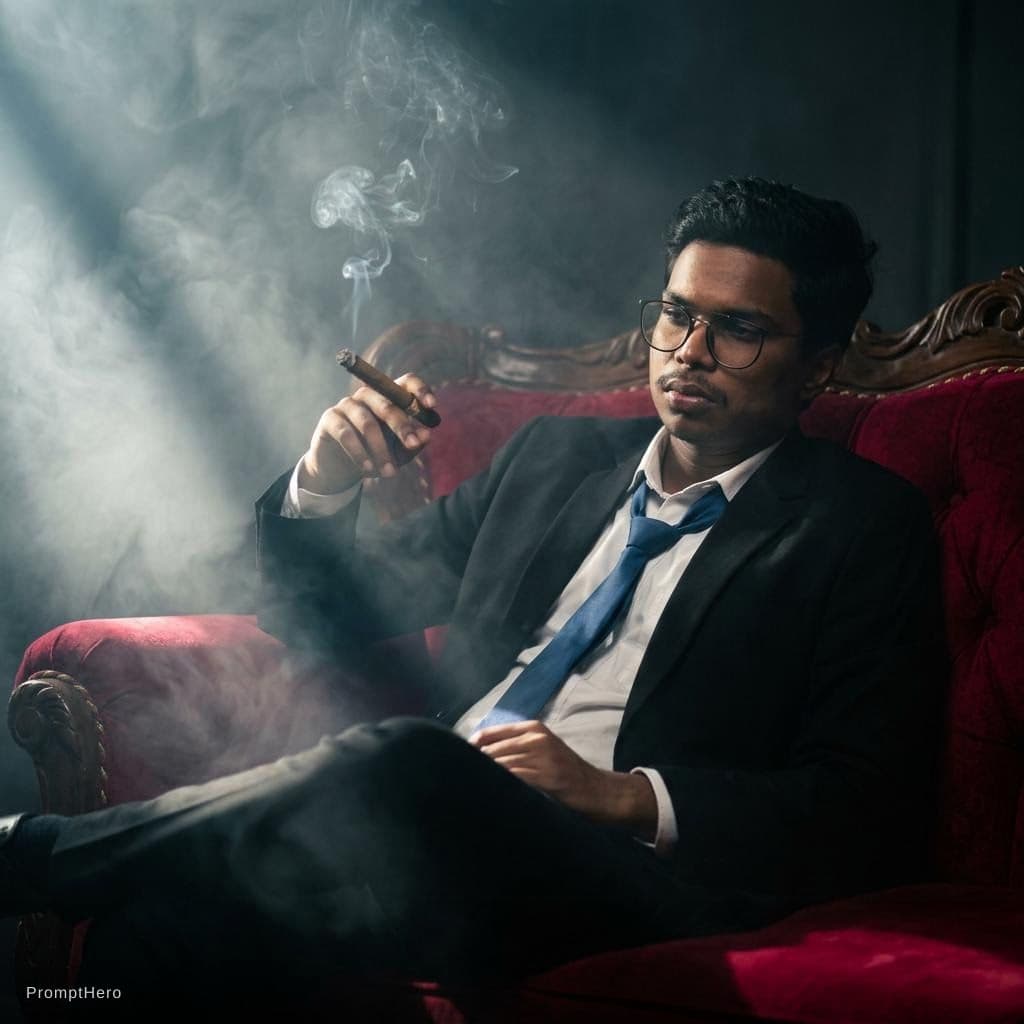 AI generated: The photography, with its dimly lit room and hazy atmosphere, captures the figure of a man lounging ...