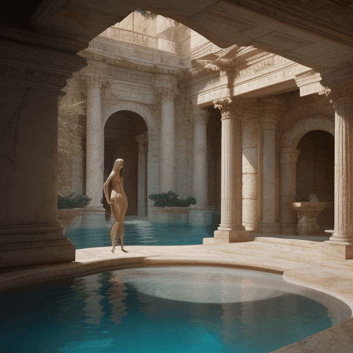AI generated: beautiful nude woman, beautiful women, roman, roman pillars, high detail, grotto, pool in middle, Gr...