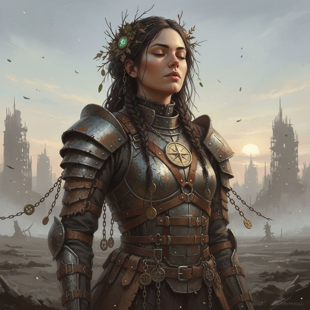 AI generated: A captivating portrait of a female warrior, adorned in intricately crafted, post-apocalyptic armor m...