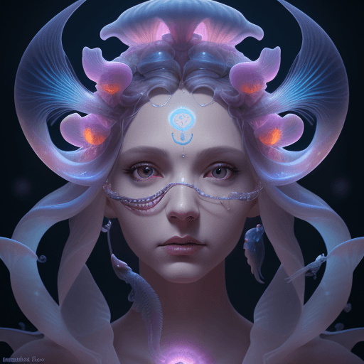 AI generated: Goddess close-up portrait ribcagel. jellyfish phoenix head, nautilus, orchid, skull, betta fish, bio...