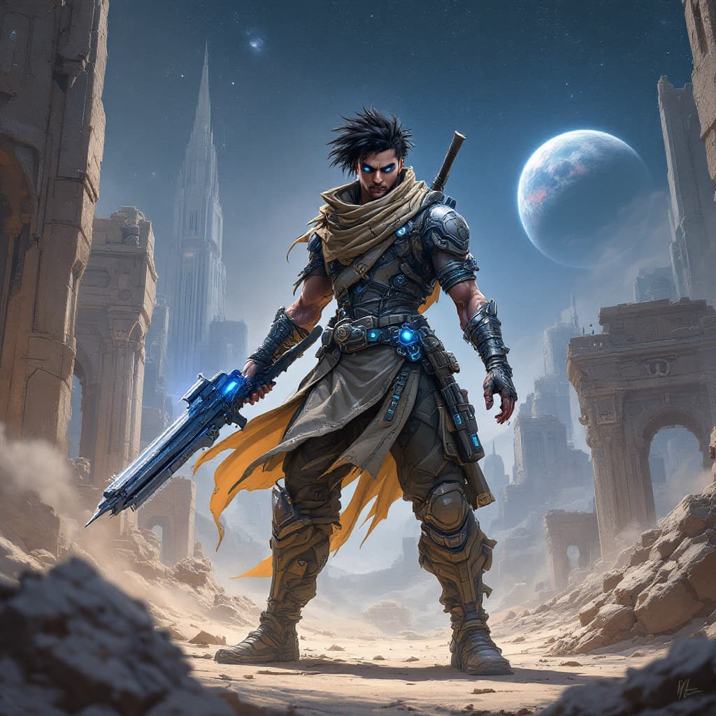 AI generated: jaheer, (color skin, blue eyes:1.4), holding weapon, (masterpiece, best quality), outdoor, ruins, (f...