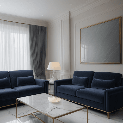 AI generated: Photograph a contemporary living room, soft light of dusk, Mixed marble flooring, soothing grey tone...
