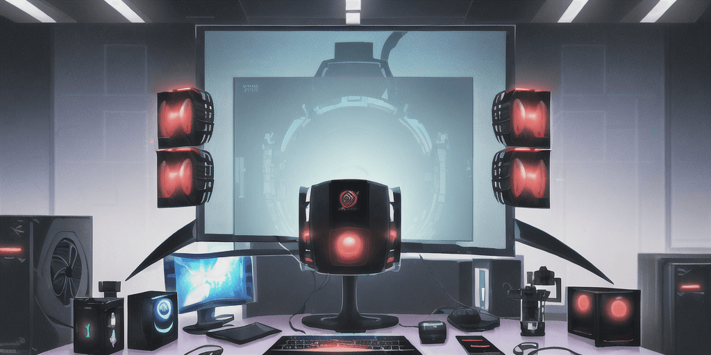 AI generated: In the background there are personal computers, keyboards, monitor, different pc components. In the ...
