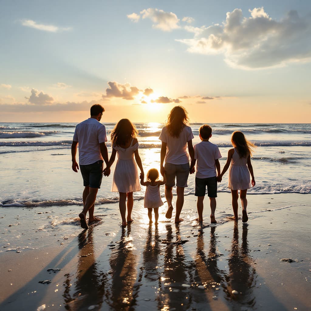 AI generated: A beautiful nuclear family of 5 on the beach