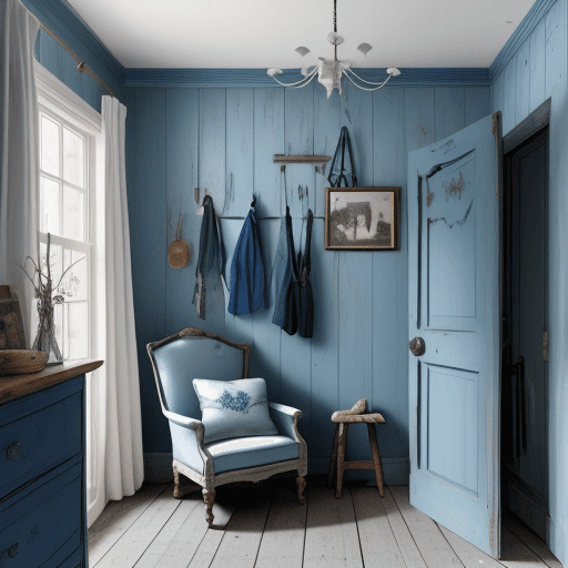 AI generated: blue painted wood walls,
pistol and bloody axe laying on the floor, wooden dresser with hanging on h...