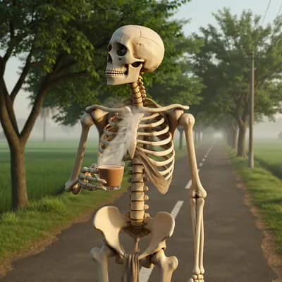 AI generated video: “Create a realistic 50-second cinematic video of a human skeleton casually walking on a village road...