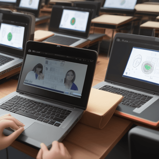 AI generated: crear imagen de docentes capacitándose, aula virtual varios cuadros, tecnología, 