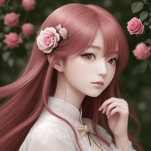 AI generated: High resolution photography, 真紅の天竺牡丹娘／19歳娘,rose color heir,rose  color eye