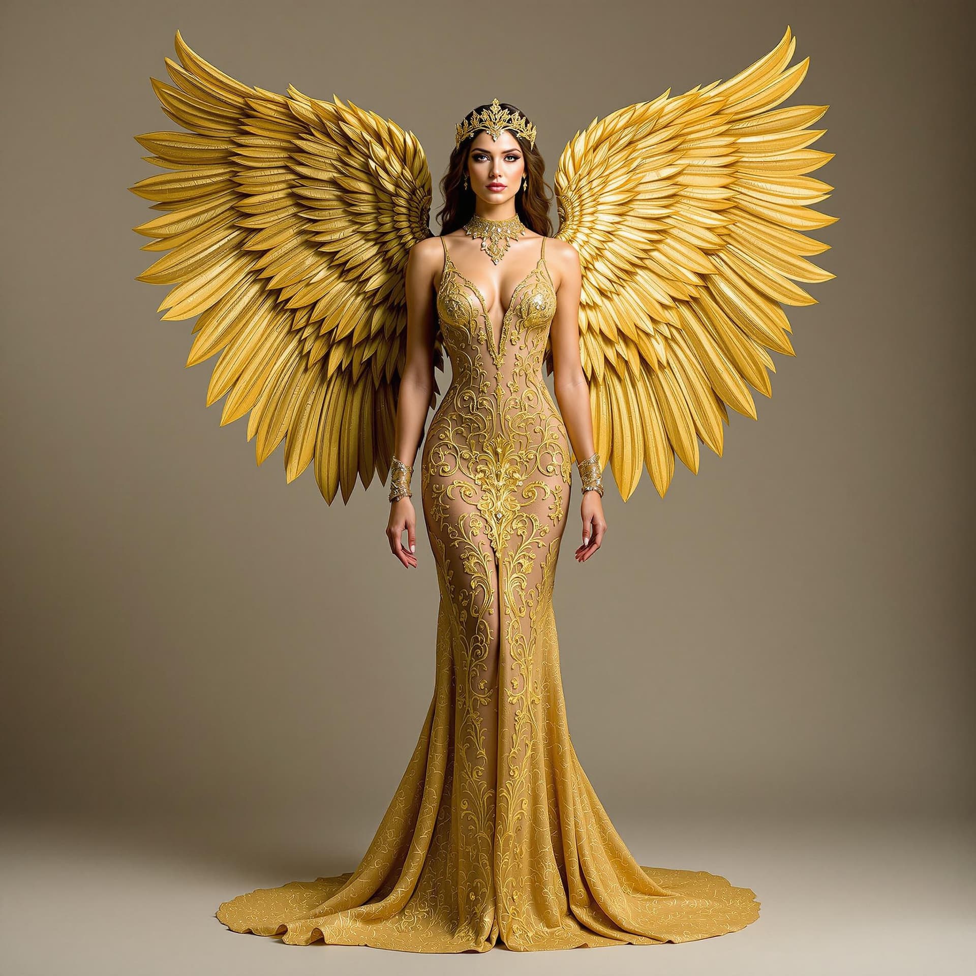 AI generated: A woman adorned in a golden, intricately designed gown that cascades down to the ground. She is also...