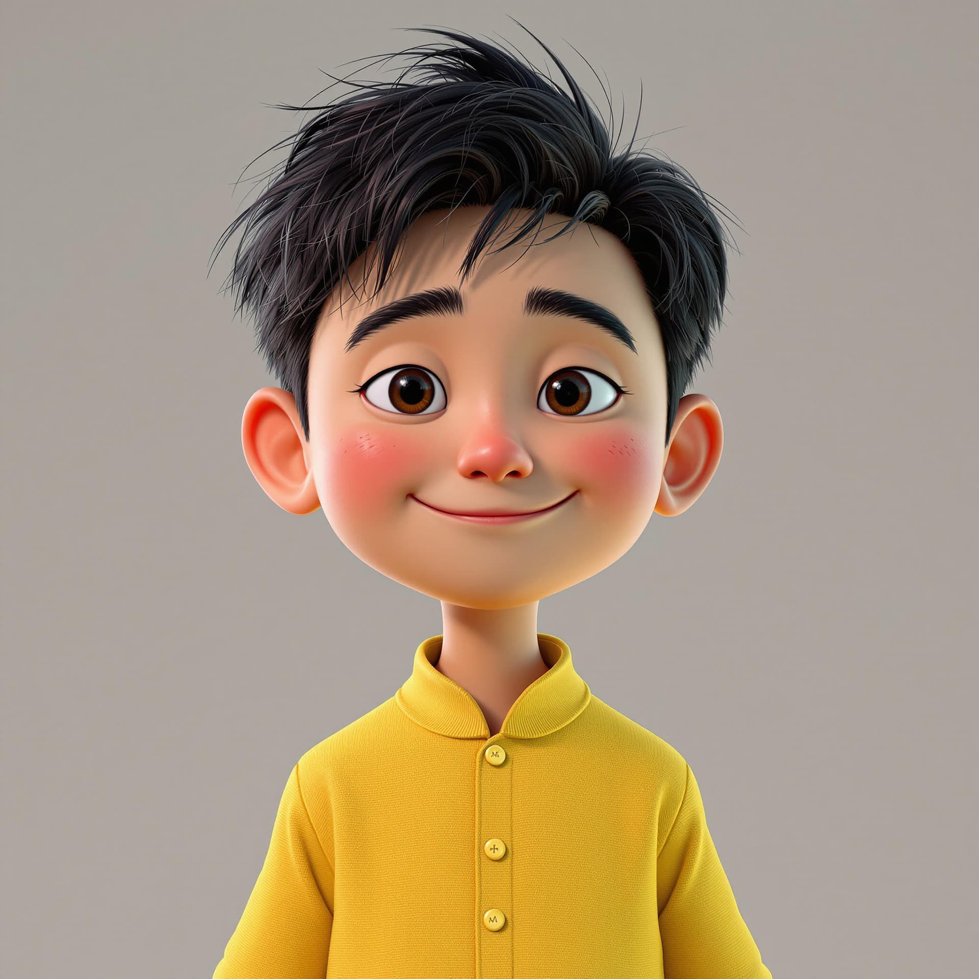 AI generated: A Chinese boy with black hair and yellow shirt, rendered in cinema4d style, charming character, I ca...
