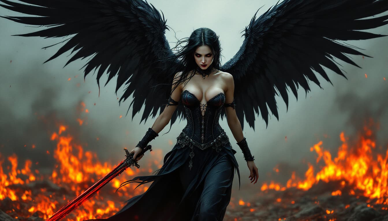AI generated: Hyper dark goth angel with black wings in corset nude tits and flashing her pussy on battlefield

se...