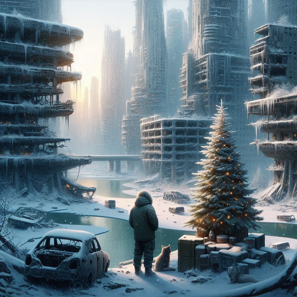 AI generated: a dystopian world.a new ice age.a city is frozen over and full of snow. Ruins and wrecks,melancholis...