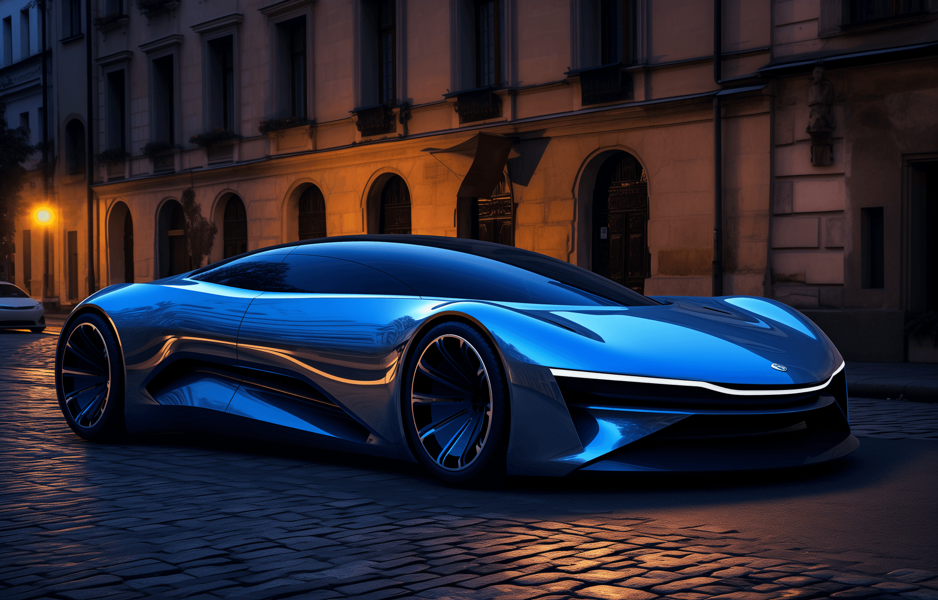 AI generated: A futuristic concept car, blue in color, parked on the street of an old European city building at su...