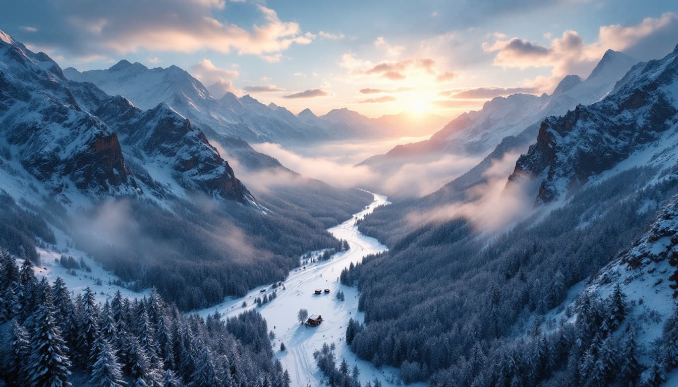 AI generated: snowy valley, with steep mountains around, detailed 4k, drone-like view from above in the sky, with ...