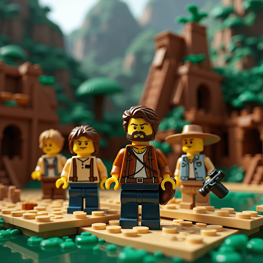 AI generated: A set of LEGO figurines inspired by characters from the Uncharted game series. The main figurine rep...