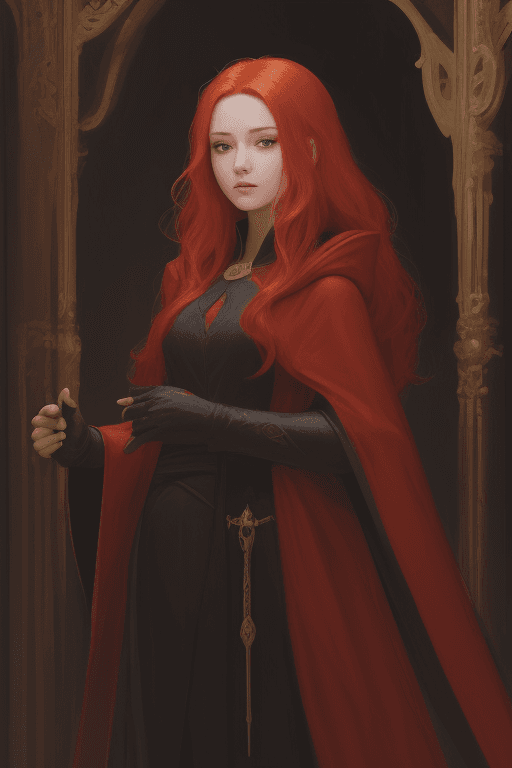 AI generated: A young female mage, red and black robe, golden hair, 