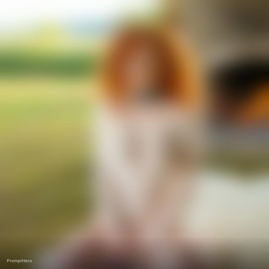 AI generated: Beautiful young female with voluminous wild copper auburn red curly hair,striking blue grey eyes,lig...