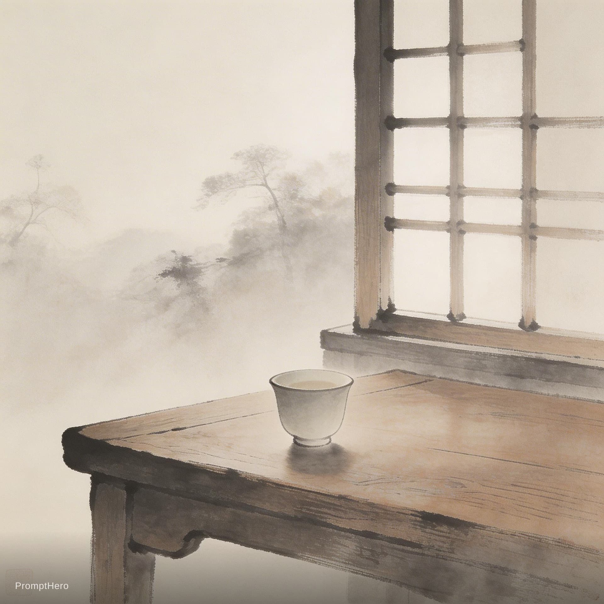 AI generated: An empty wine cup on a wooden table by the window, ink wash style, fading colors, feeling of emptine...