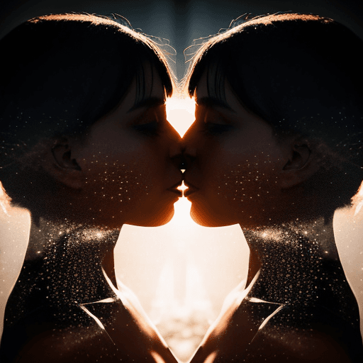AI generated: A stunning double-exposure bright city photograph featuring the silhouette of two women kissing, cap...