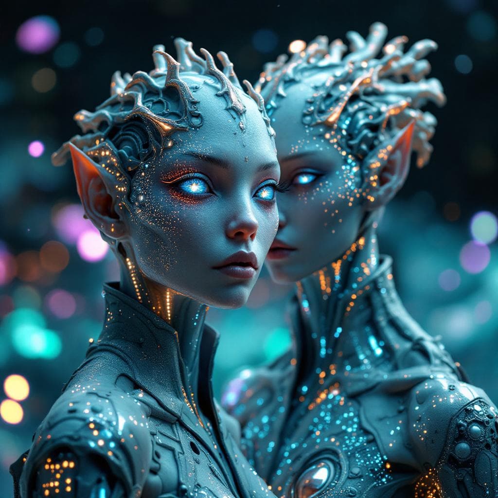 AI generated: Create a unique, flesh, organic, human or human-like species. Male and Female. Otherworldly human fi...