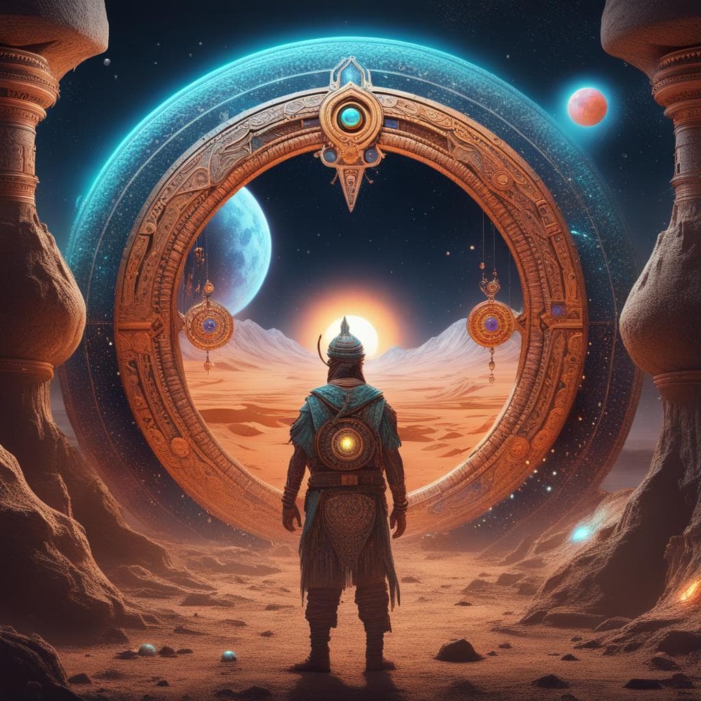 AI generated: On the surface of a distant moon, the man encountered a nomadic tribe that revered an ancient space ...