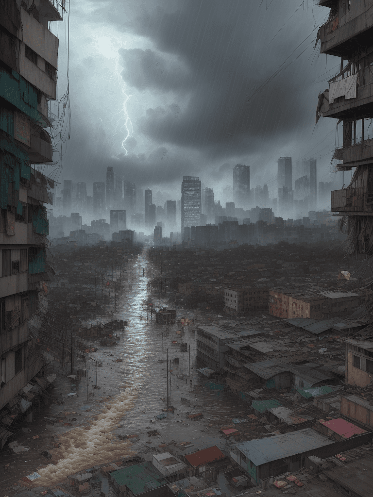 AI generated: A heavy storm and flooding of a slum corner,flood,
rain,typhon,
litter,intricate detail,masterpiece,...