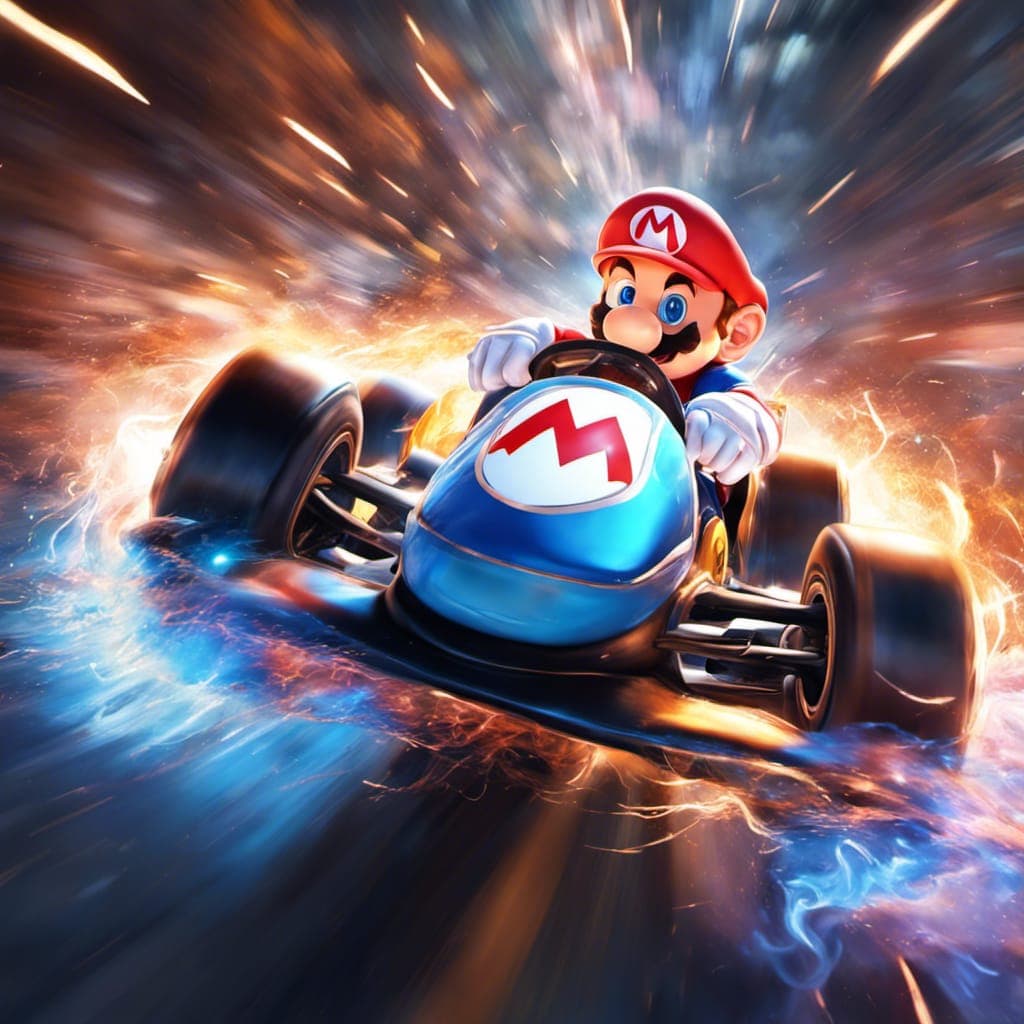 AI generated: an AI art piece that highlights the excitement of a turbo boost, with Mario's kart emitting flames a...