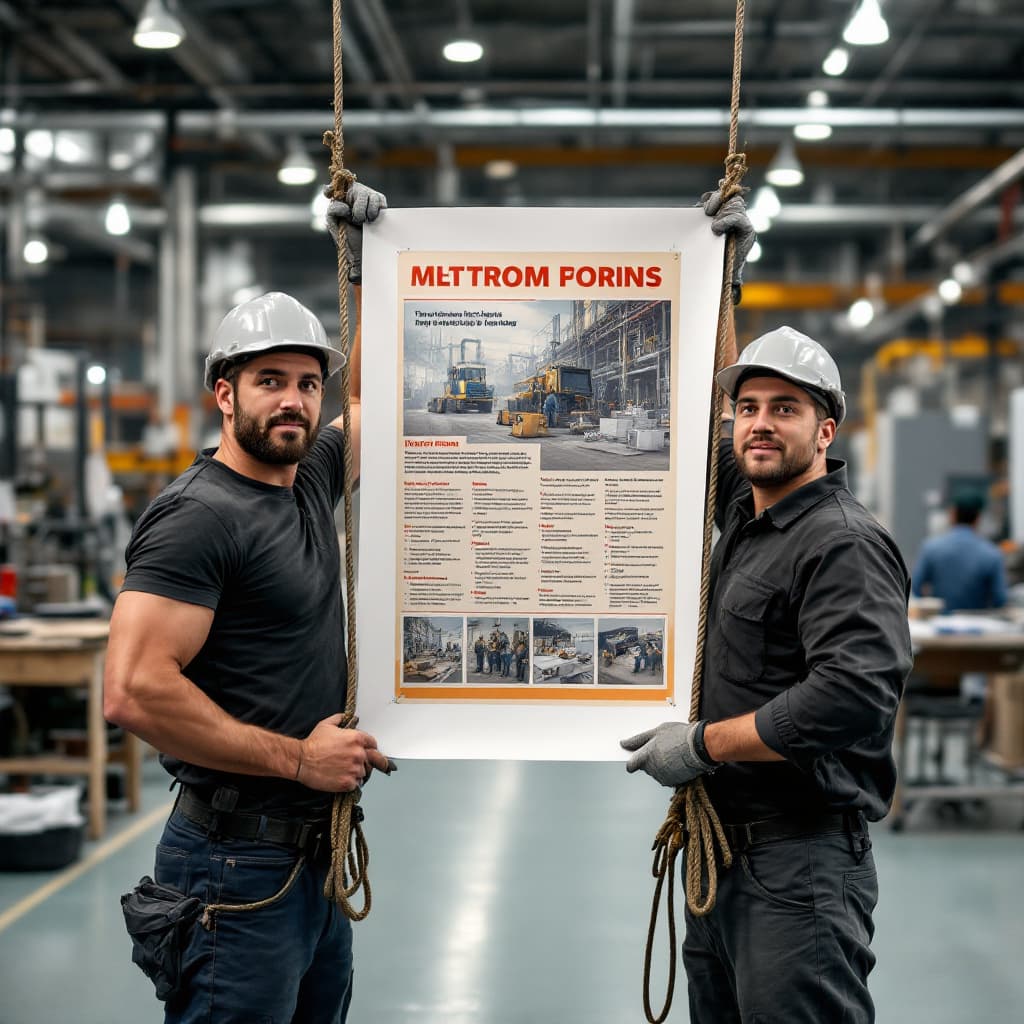 AI generated:  In the photo, two male workers at a factory are hanging a poster, looking at the camera, holding ro...
