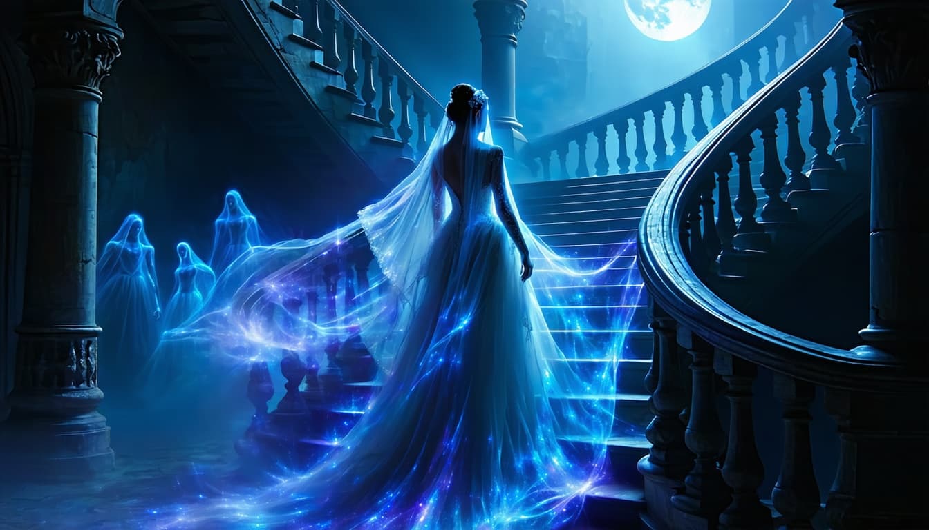AI generated: A ghostly bride, her veil made of shimmering moonlight, materializes on a grand, decaying staircase ...