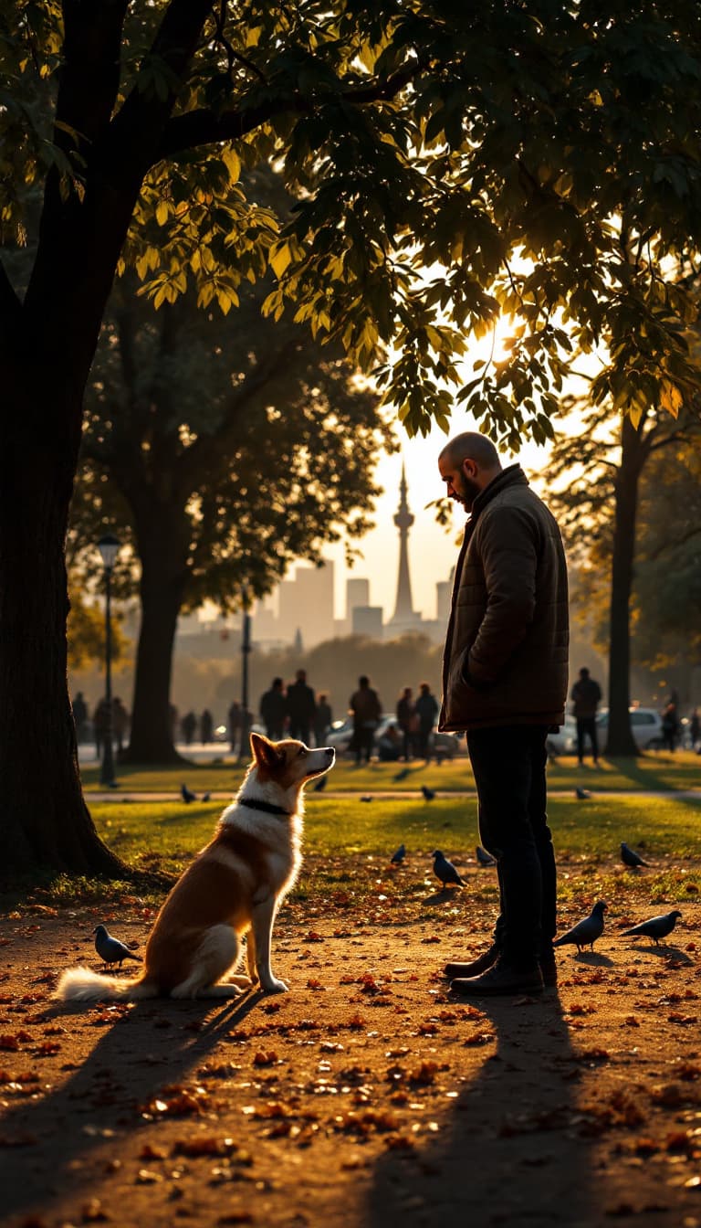AI generated: A man is training his dog in a quiet corner of a park in Tehran. He stands in front of the dog, givi...