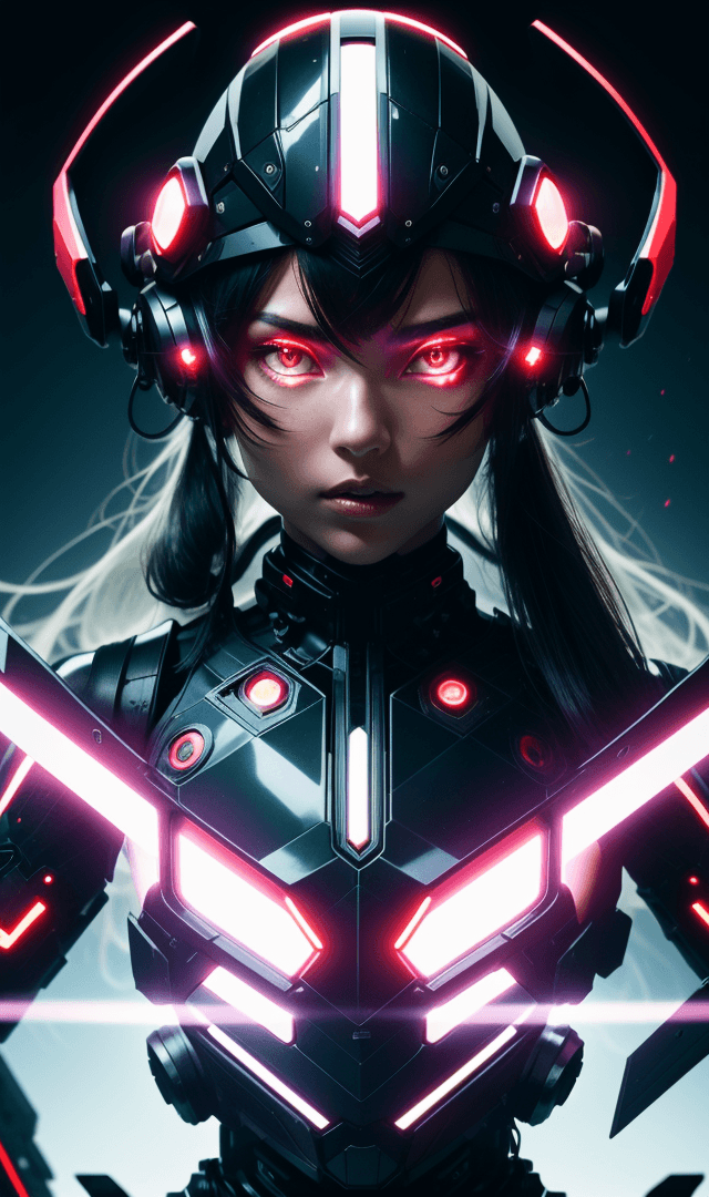 AI generated:  Futuristic cyborg girl featuring a captivating cybernetic helmet adorned with vibrant triangular re...