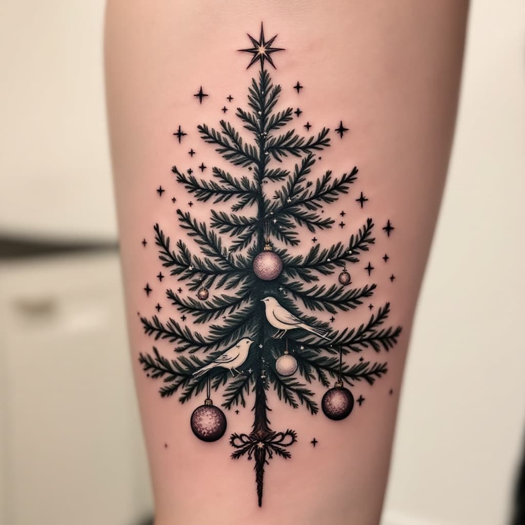 AI generated: a tattoo with a christmas trees with bird ornaments