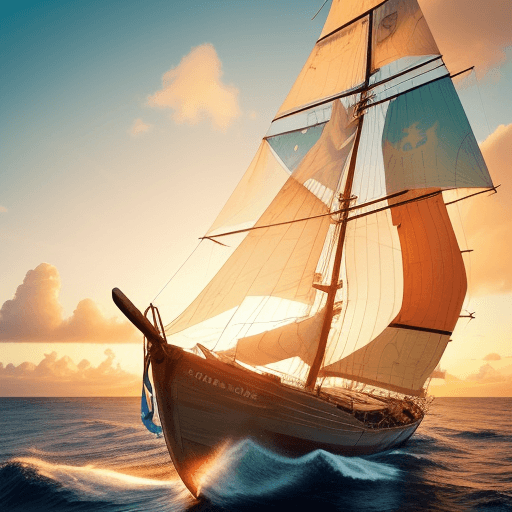AI generated: /imagine prompt: color photo of a junk rigged twin masted sailboat in the Pacific, weathered and ful...