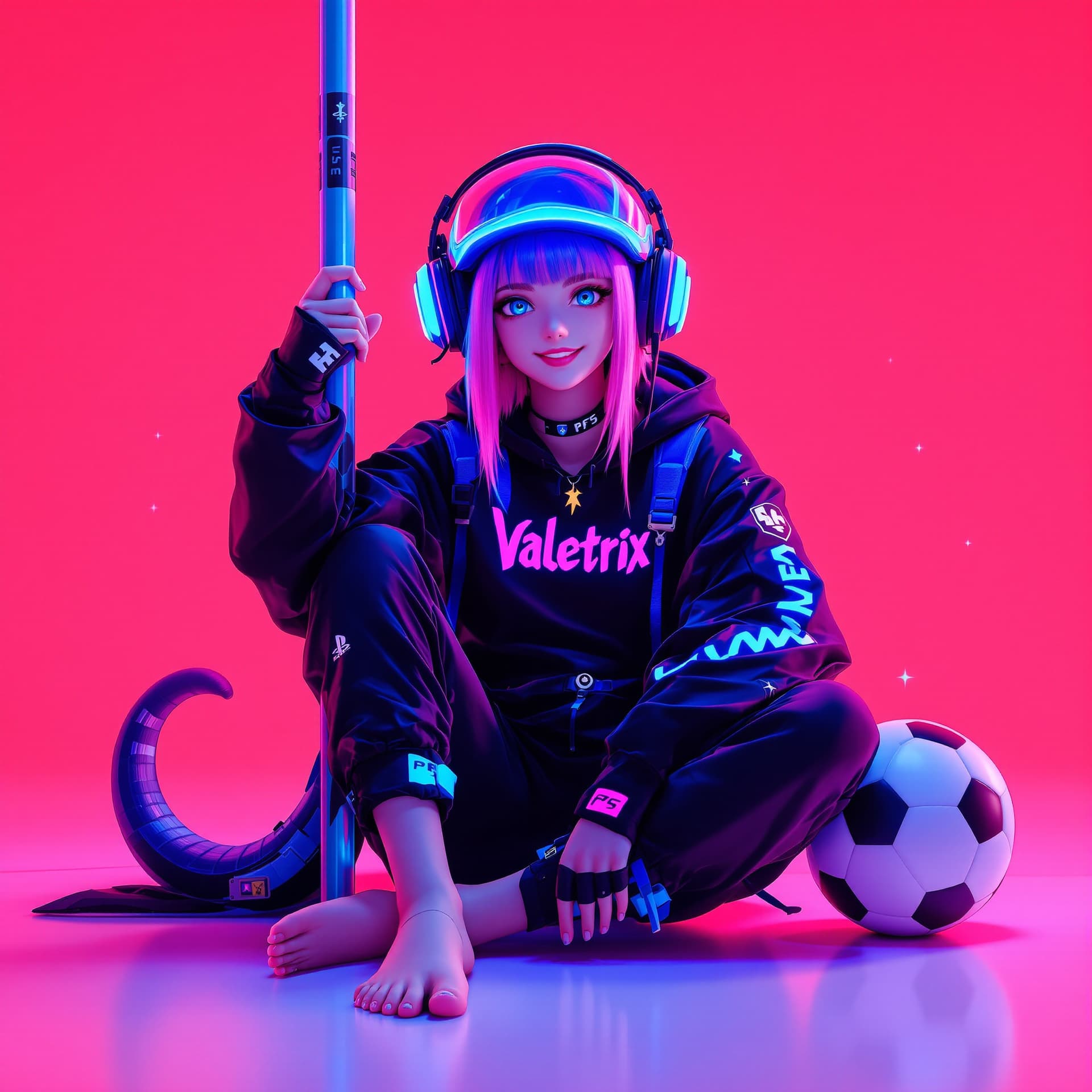 AI generated: A digital character with a cyberpunk and kawaii aesthetic, dressed in a black jumpsuit with blue and...