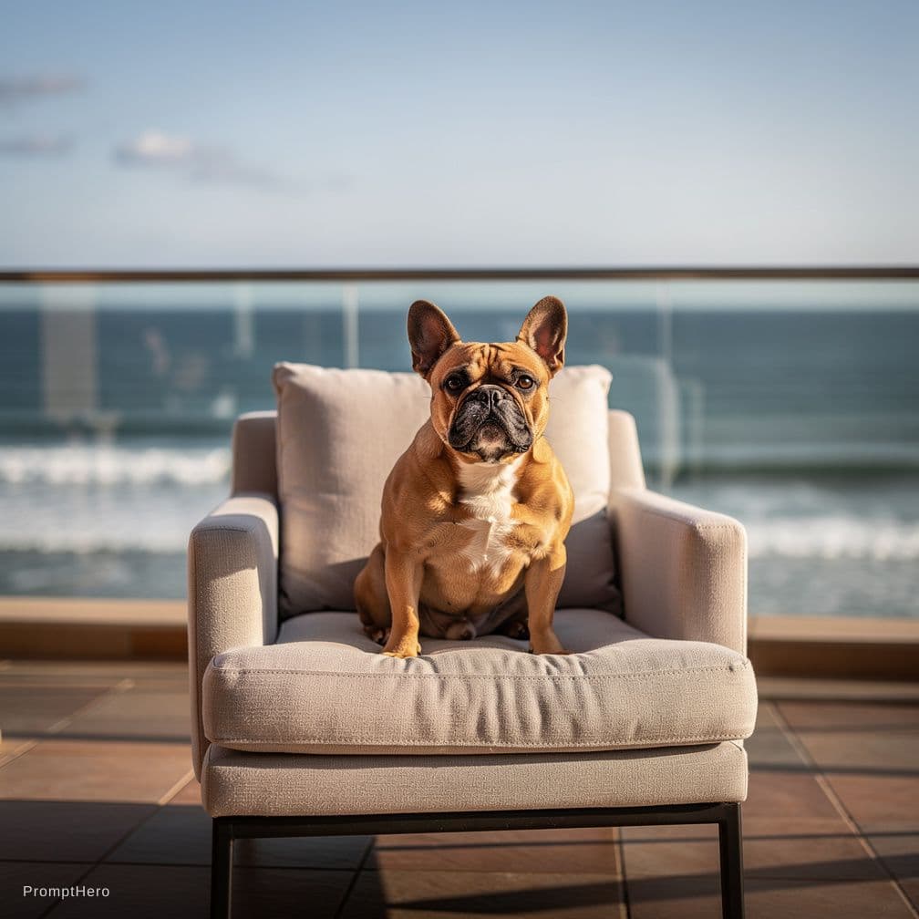 AI generated: bulldog frances, sobre un sillon en una terraza con vista al mar