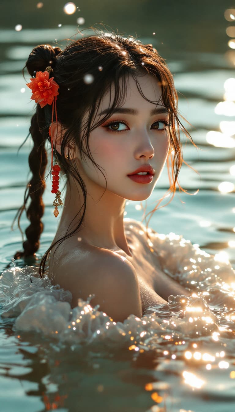 AI generated: sailor moon stands in the water, beautiful korea face, warm atmospheric lighting, in the style of li...