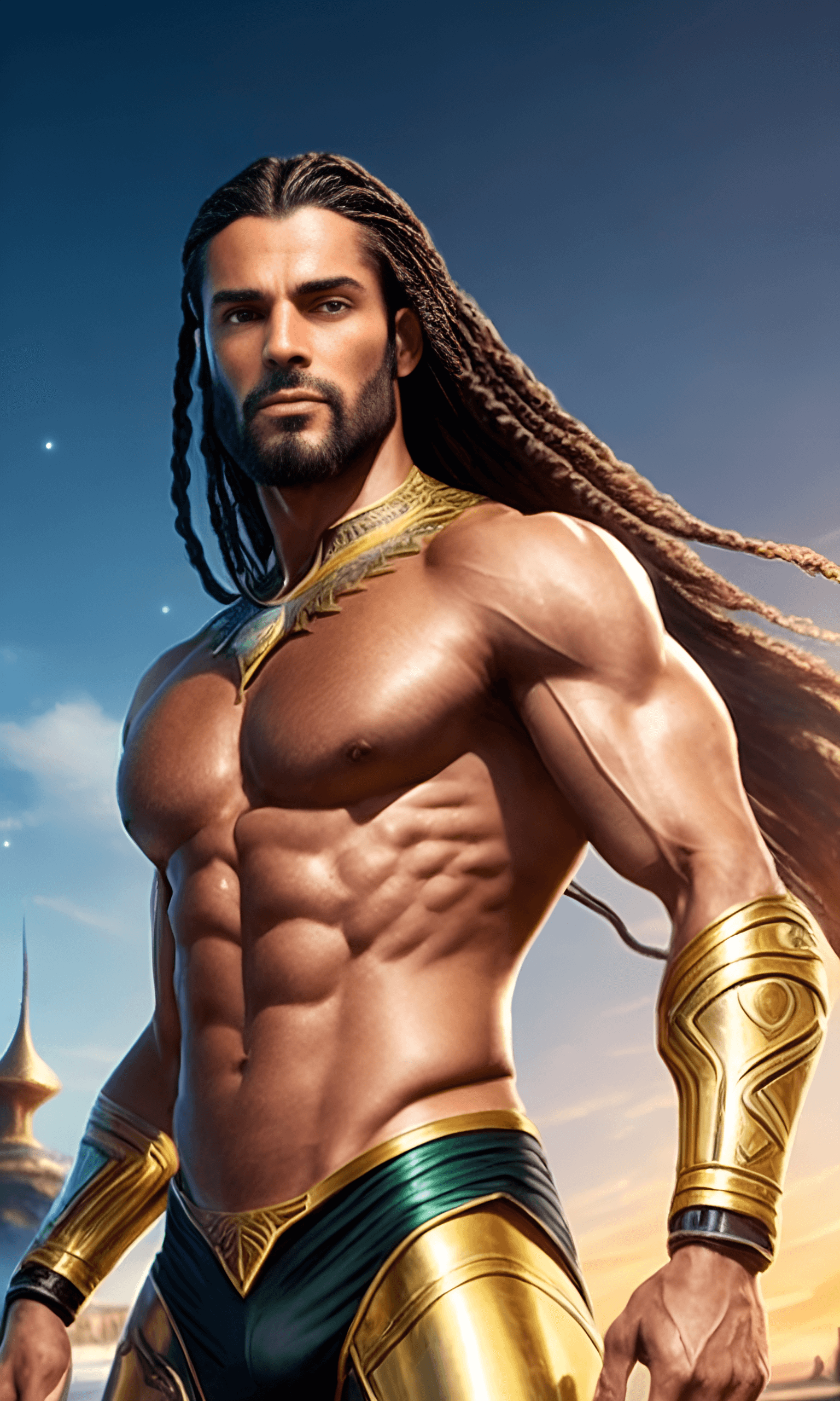 AI generated: An ancient atlantean god, long braided flowing hair, muscular, gold armor outfit, ultra realistic gr...