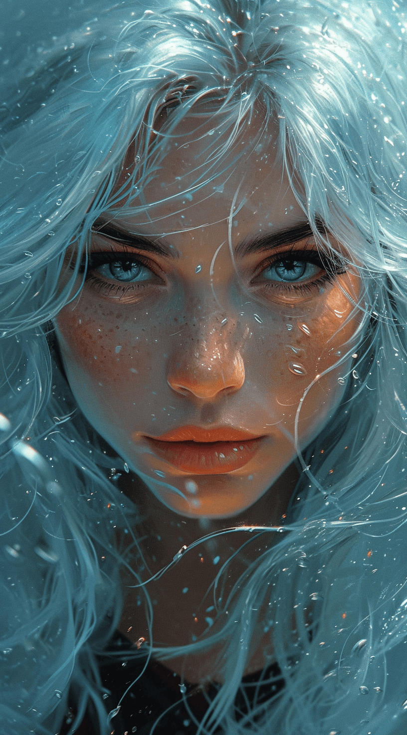 AI generated: an image of a girl with white hair, in the style of ross tran, light teal and dark orange, guido van...