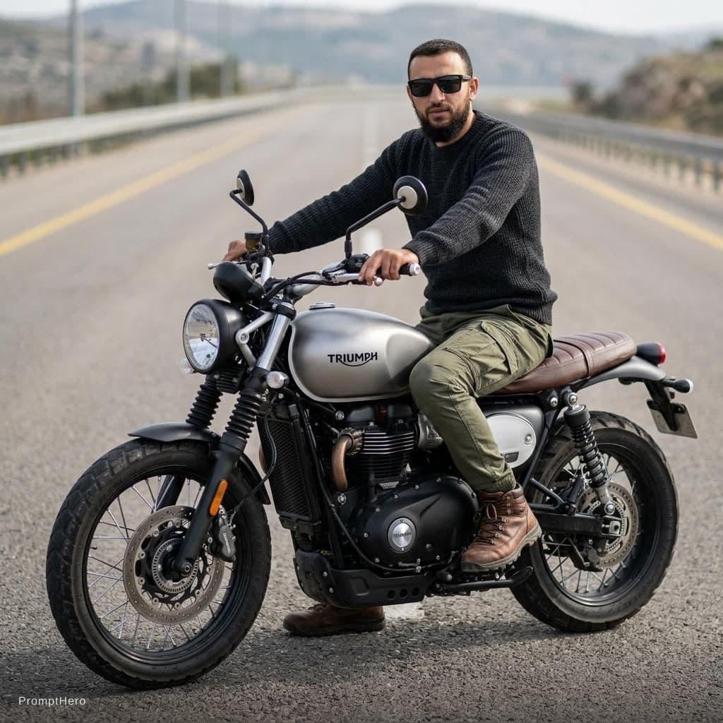 AI generated: Create an ultra-realistic cinematic 8K image of a man sitting confidently on a modern scrambler moto...