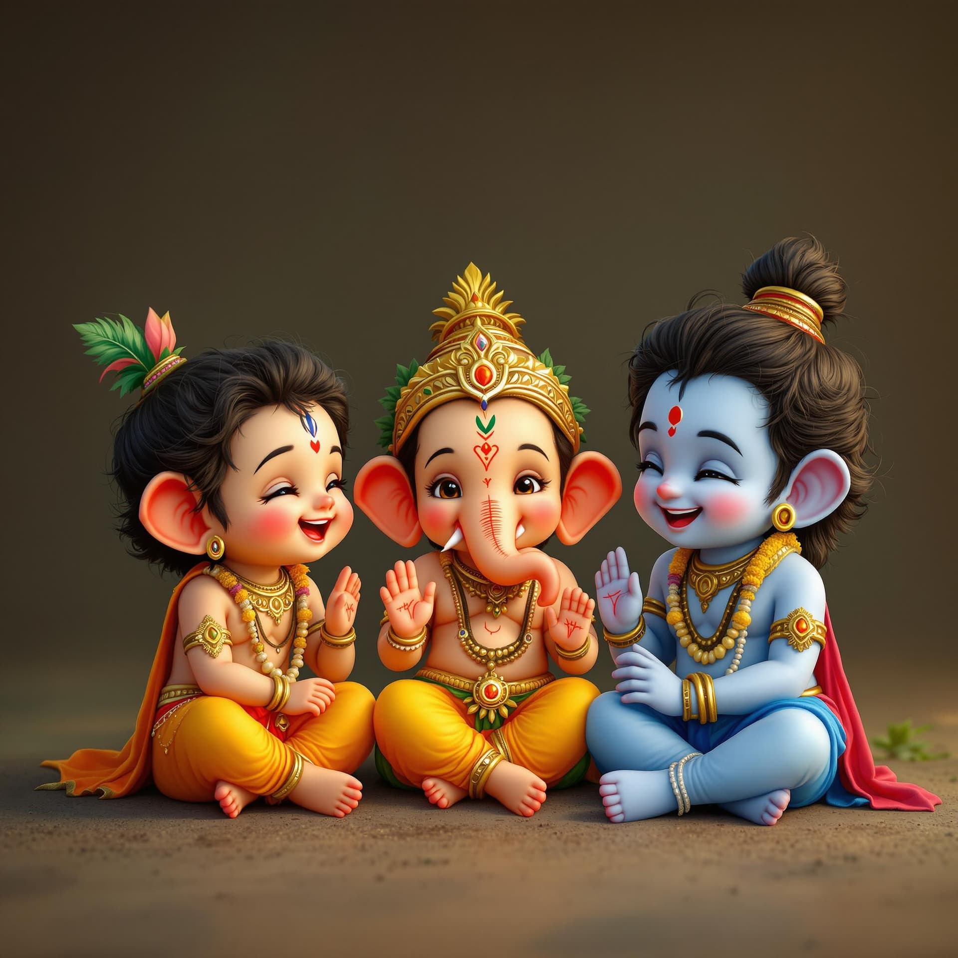 AI generated: Arafed image of a cute little Krishna, Ganesha and Shiva sitting together talking and laughing