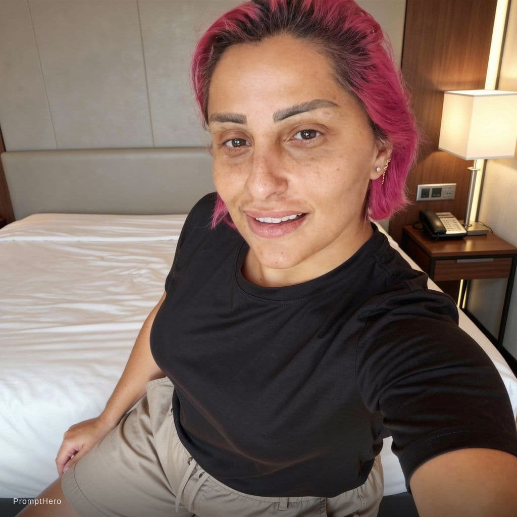 AI generated: Make her laying on a hotel bed wearing only a black bra and G thong