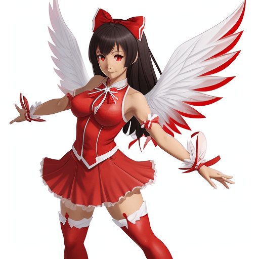 AI generated: Full-body mixed race anime woman with a bow and a red outfit with wings on a white background

