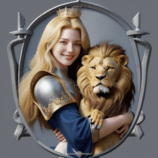 AI generated: Medieval shield, duck and lion hugging, smiling