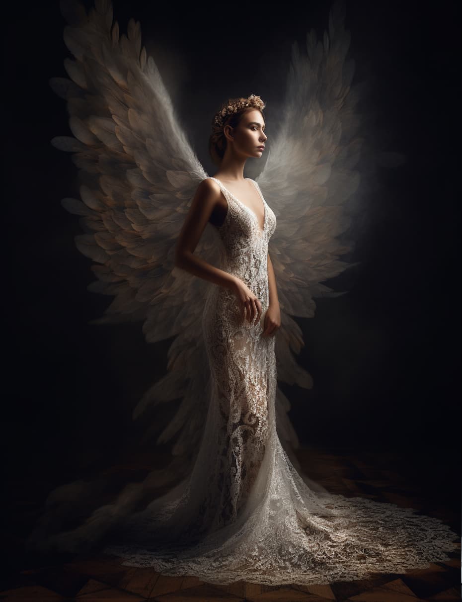 AI generated: portrait of a beautiful woman like a fallen angel, total body dressed in long elegant intricate orna...