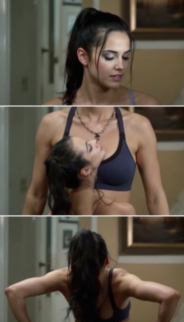 AI generated: Polarized photo , Jennifer Connelly,ponytail hairstyle, pushup pose. different sequence.