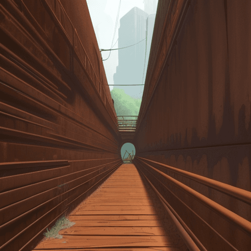 AI generated: I need a high-detailed pixar style cartoon of a long, tall rusty thick Iron slat wall with no gaps. ...